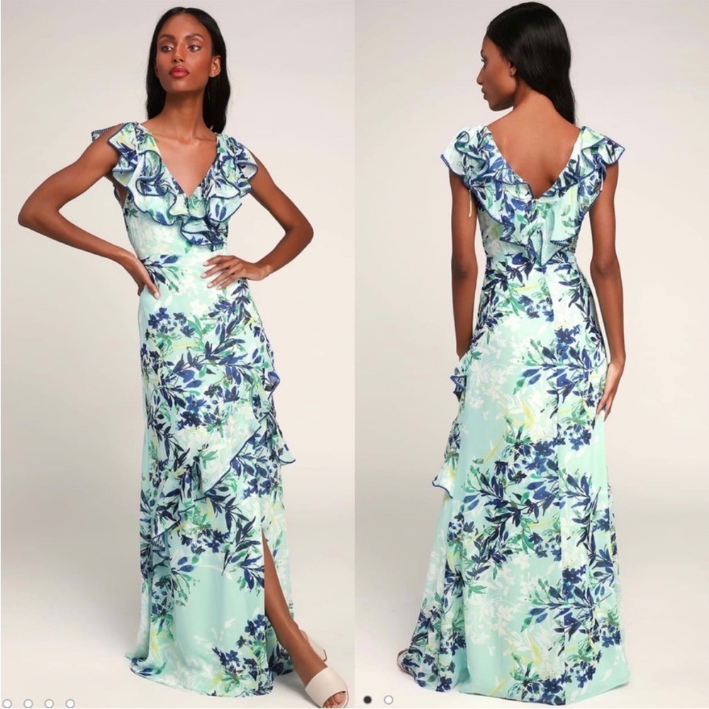 Lulus Sammi Blue Floral Ruffle wrap Maxi Dress Wedding Formal coastal beachy S